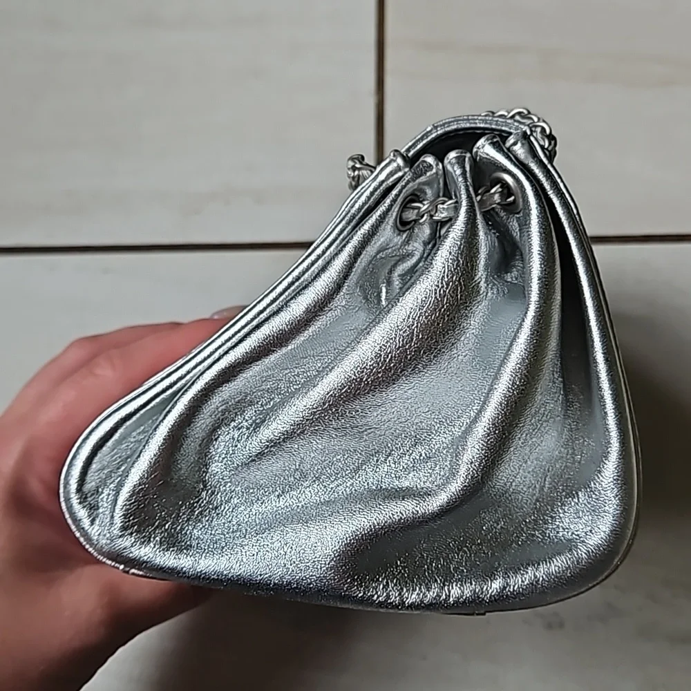 CHANEL Metallic Silver Mini Bag Chain Strap Turnlock w/Card - Picture 5 of 14